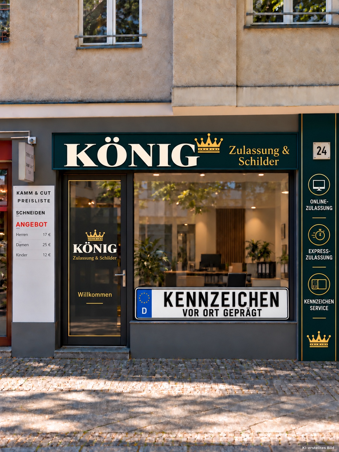Gestaltungsvorschau des KÖNIG-Ladens mit dunkelgrünem Schild und goldener Krone